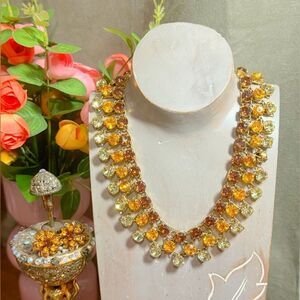 Vintage Coro Demi Parure Amber Brown Rhinestones Necklace & Earrings